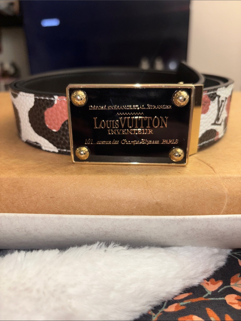 Brand New !! Brown Camouflage Monogram Plaque Belt with Gold Buckle